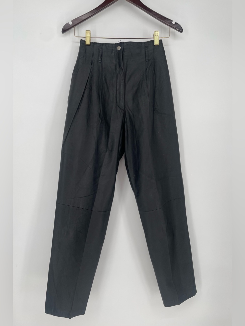 80s Vintage 100% Leather Black High Waisted  Tapered Leg Pants Tailored Waist
